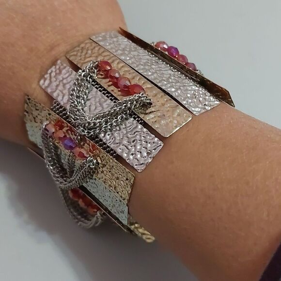 Artisan Mesh Bracelet Hammered Metal Inlay Dangling Chains Beads Toggle Clasp - Picture 3 of 6